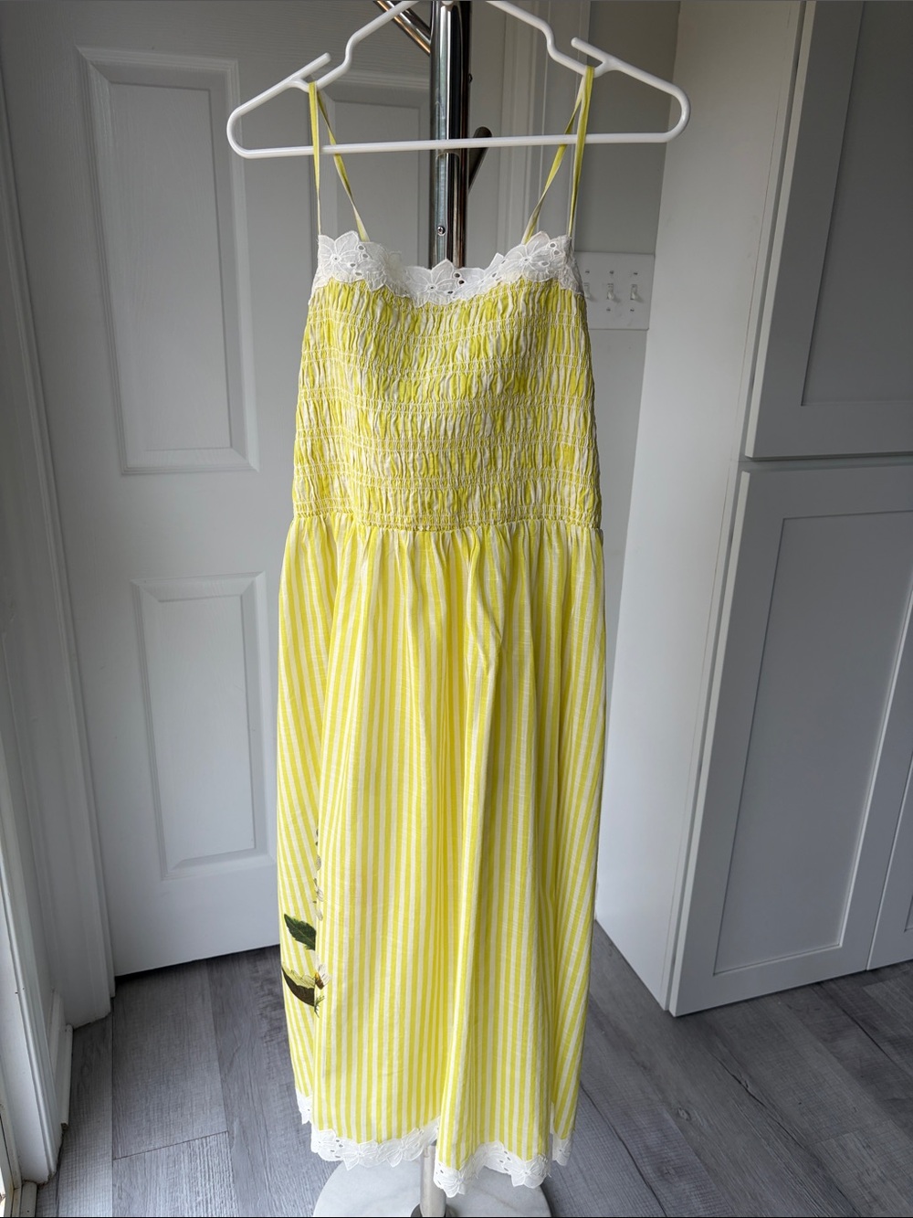 Lyrebird by Anthropologie Yellow and White Striped Midi Dress with Trim
